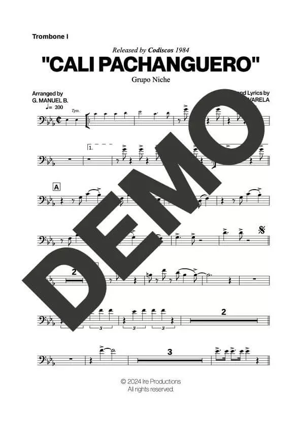 Grupo Niche – Cali Pachanguero – Sheet Music Demo Page 1 (PDF) – Includes charts for Trumpets, Trombones, Saxophone, Piano and Bass