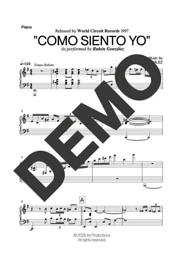 Rubén González – Como Siento Yo – First Page of Sheet Music Preview (PDF) – Includes charts for Trumpets, Trombones, Saxophone, Piano and Bass
