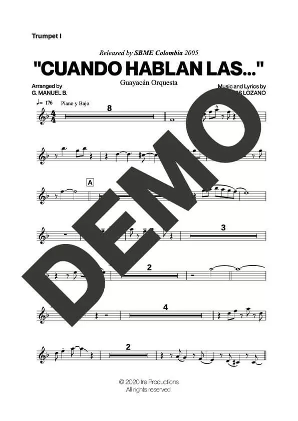 Guayacán Orquesta – Cuando Hablan las Miradas – First Page of Sheet Music Preview (PDF) – Includes charts for Trumpets, Trombones, Saxophone, Piano and Bass
