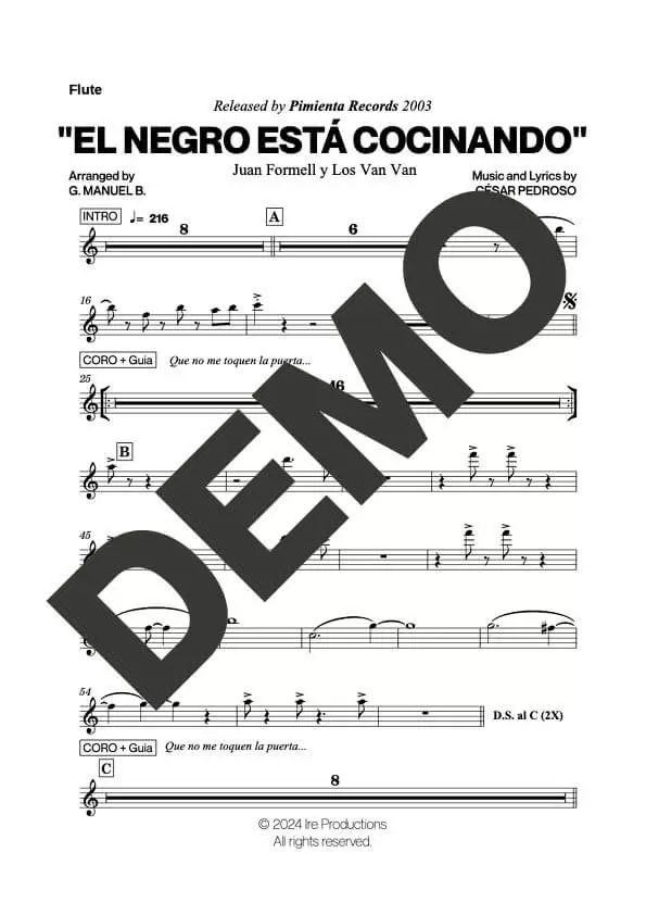 Los Van Van – El Negro Está Cocinando – First Page of Sheet Music Preview (PDF) – Includes charts for Trumpets, Trombones, Saxophone, Piano and Bass