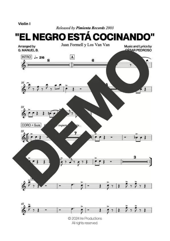 Los Van Van – El Negro Está Cocinando – Sheet Music Demo Page 2 (PDF) – Includes charts for Trumpets, Trombones, Saxophone, Piano and Bass