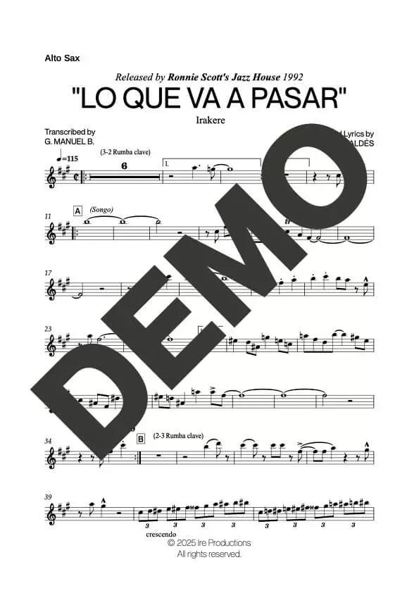 Irakere – Lo Que Va A Pasar – First Page of Sheet Music Preview (PDF) – Includes charts for Trumpets, Trombones, Saxophone, Piano and Bass