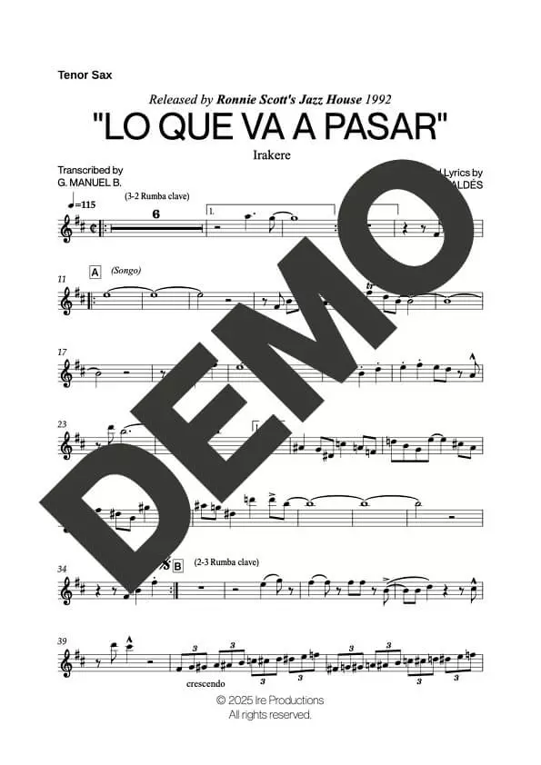 Irakere – Lo Que Va A Pasar – Sheet Music Demo Page 1 (PDF) – Includes charts for Trumpets, Trombones, Saxophone, Piano and Bass