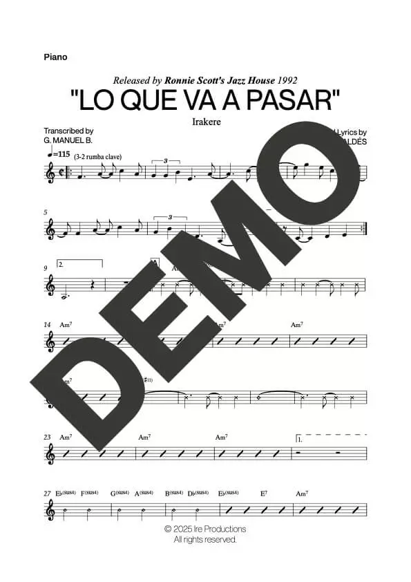 Irakere – Lo Que Va A Pasar – Sheet Music Demo Page 3 (PDF) – Includes charts for Trumpets, Trombones, Saxophone, Piano and Bass