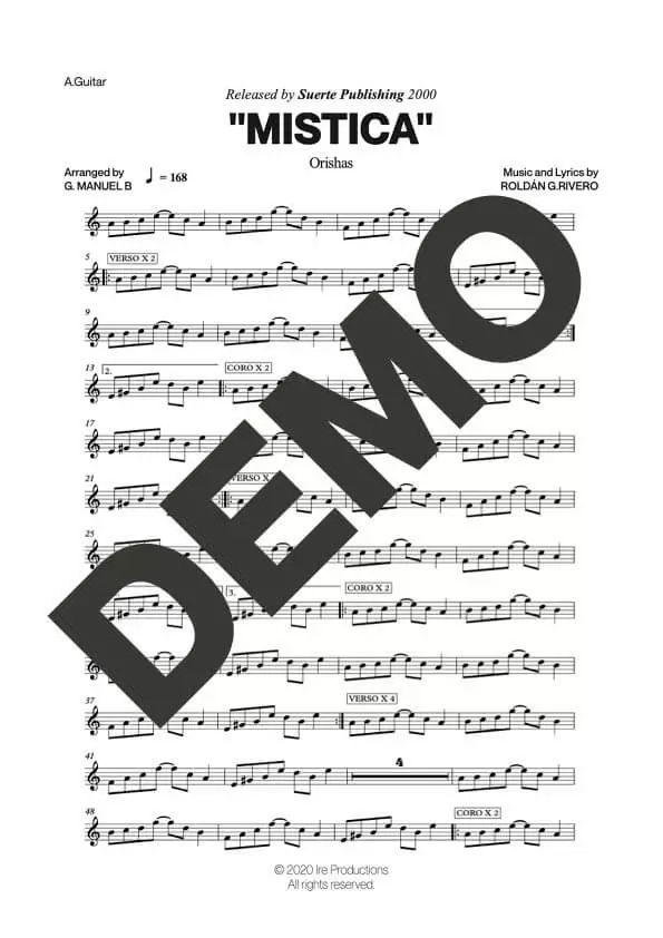 Orishas – Mistica – First Page of Sheet Music Preview (PDF) – Includes charts for Trumpets, Trombones, Saxophone, Piano and Bass