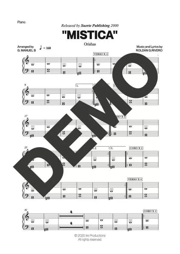 Orishas – Mistica – Sheet Music Demo Page 2 (PDF) – Includes charts for Trumpets, Trombones, Saxophone, Piano and Bass
