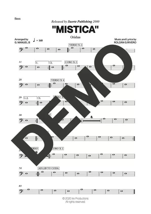 Orishas – Mistica – Sheet Music Demo Page 3 (PDF) – Includes charts for Trumpets, Trombones, Saxophone, Piano and Bass