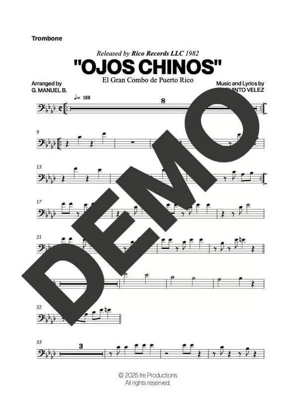 El Gran Combo de Puerto Rico – Ojos Chinos – Sheet Music Demo Page 1 (PDF) – Includes charts for Trumpets, Trombones, Saxophone, Piano and Bass