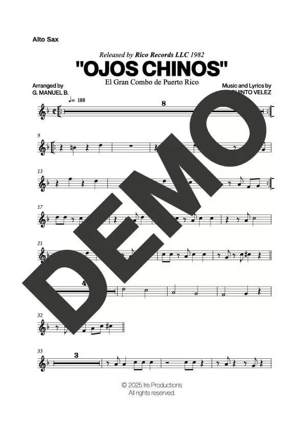 El Gran Combo de Puerto Rico – Ojos Chinos – Sheet Music Demo Page 2 (PDF) – Includes charts for Trumpets, Trombones, Saxophone, Piano and Bass