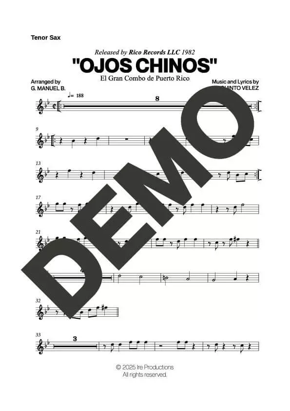 El Gran Combo de Puerto Rico – Ojos Chinos – Sheet Music Demo Page 3 (PDF) – Includes charts for Trumpets, Trombones, Saxophone, Piano and Bass
