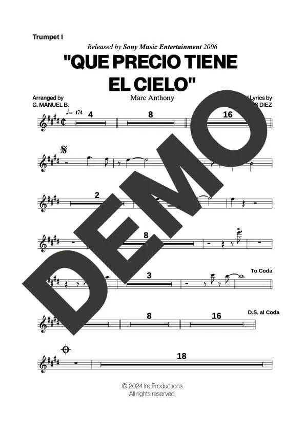 Marc Anthony – Que Precio Tiene El Cielo – First Page of Sheet Music Preview (PDF) – Includes charts for Trumpets, Trombones, Saxophone, Piano and Bass
