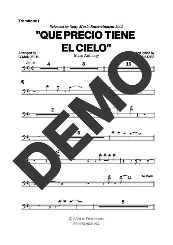 Marc Anthony – Que Precio Tiene El Cielo – Sheet Music Demo Page 1 (PDF) – Includes charts for Trumpets, Trombones, Saxophone, Piano and Bass