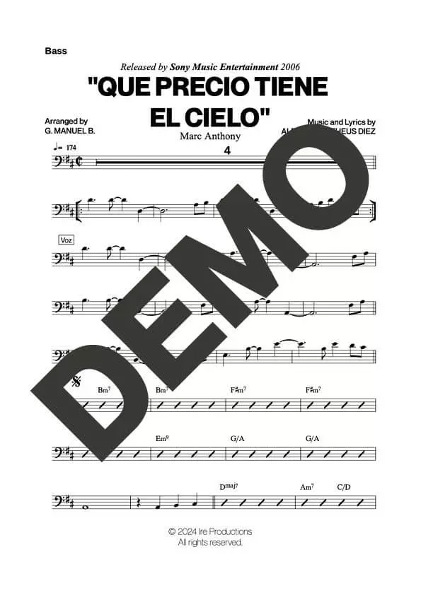 Marc Anthony – Que Precio Tiene El Cielo – Sheet Music Demo Page 3 (PDF) – Includes charts for Trumpets, Trombones, Saxophone, Piano and Bass