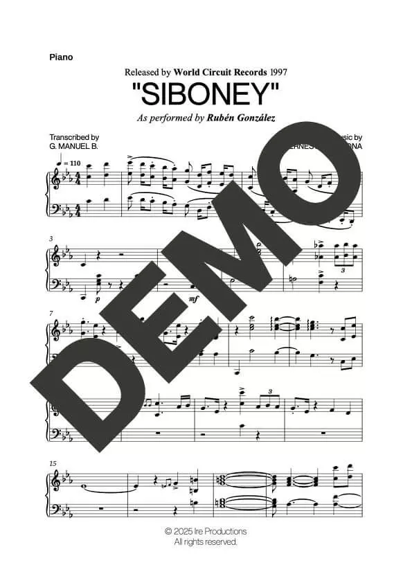 Rubén González – Siboney – First Page of Sheet Music Preview (PDF) – Includes charts for Trumpets, Trombones, Saxophone, Piano and Bass