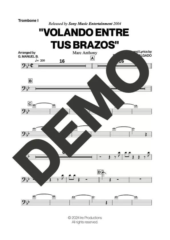 Marc Anthony – Volando Entre Tus Brazos – Sheet Music Demo Page 1 (PDF) – Includes charts for Trumpets, Trombones, Saxophone, Piano and Bass