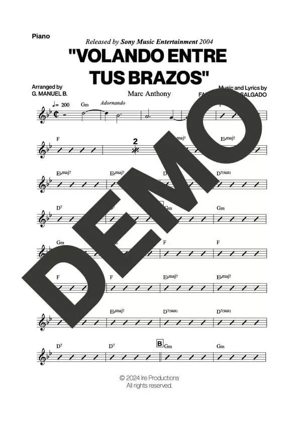 Marc Anthony – Volando Entre Tus Brazos – Sheet Music Demo Page 2 (PDF) – Includes charts for Trumpets, Trombones, Saxophone, Piano and Bass