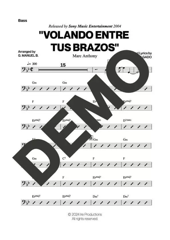Marc Anthony – Volando Entre Tus Brazos – Sheet Music Demo Page 3 (PDF) – Includes charts for Trumpets, Trombones, Saxophone, Piano and Bass