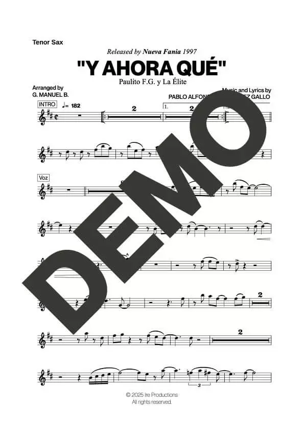 Paulo FG – Y Ahora Qué – First Page of Sheet Music Preview (PDF) – Includes charts for Trumpets, Trombones, Saxophone, Piano and Bass
