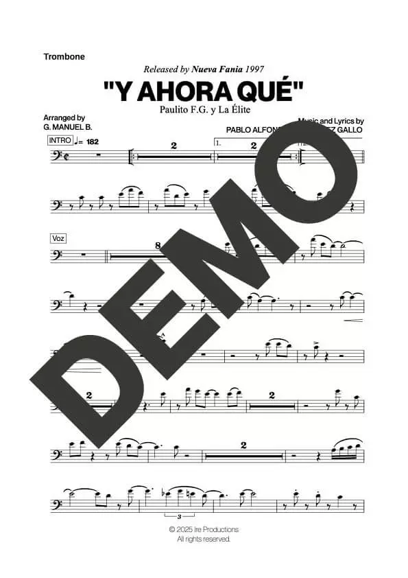 Paulo FG – Y Ahora Qué – Sheet Music Demo Page 2 (PDF) – Includes charts for Trumpets, Trombones, Saxophone, Piano and Bass