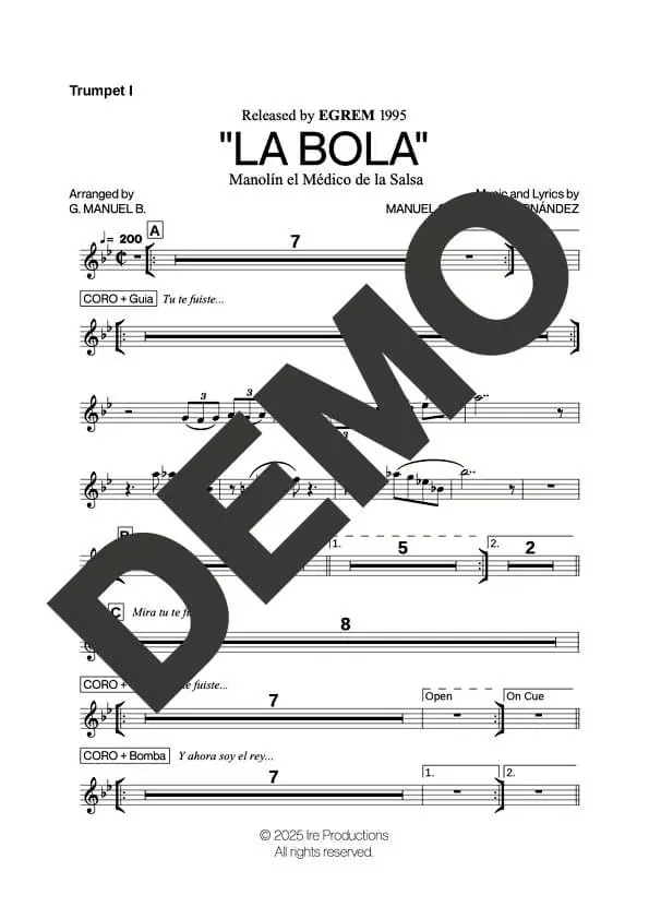 Manolín El Médico de la Salsa – La Bola – First Page of Sheet Music Preview (PDF) – Includes charts for Trumpets, Trombones, Saxophone, Piano and Bass