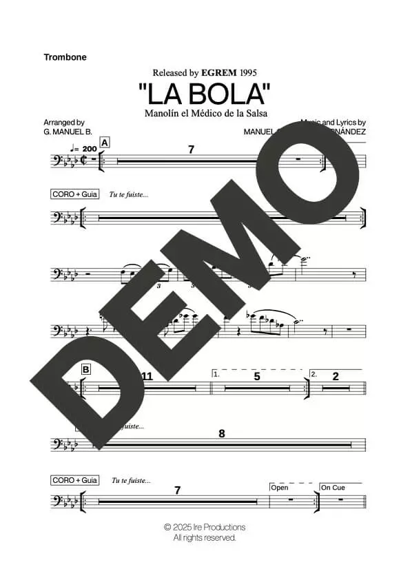 Manolín El Médico de la Salsa – La Bola – Sheet Music Demo Page 1 (PDF) – Includes charts for Trumpets, Trombones, Saxophone, Piano and Bass