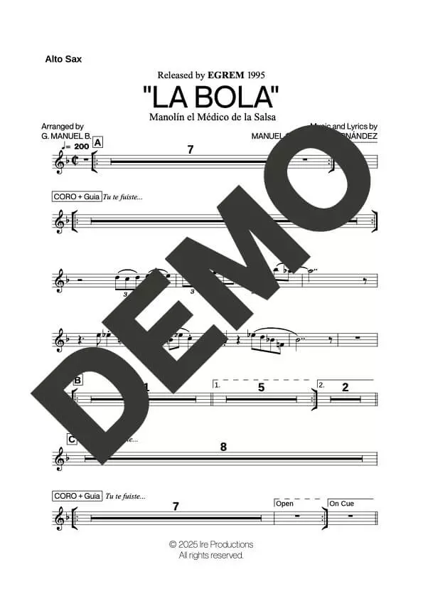 Manolín El Médico de la Salsa – La Bola – Sheet Music Demo Page 2 (PDF) – Includes charts for Trumpets, Trombones, Saxophone, Piano and Bass