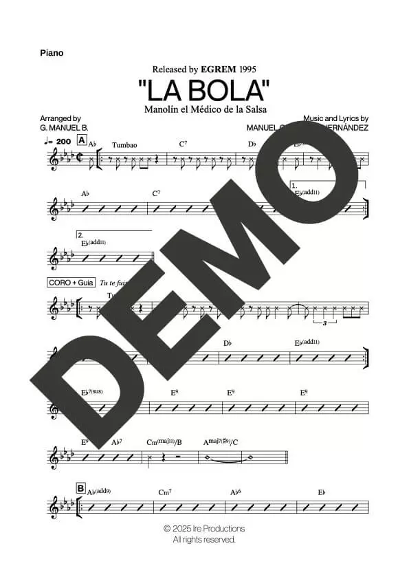 Manolín El Médico de la Salsa – La Bola – Sheet Music Demo Page 3 (PDF) – Includes charts for Trumpets, Trombones, Saxophone, Piano and Bass