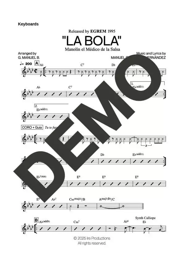 Manolín El Médico de la Salsa – La Bola – Sheet Music Demo Page 4 (PDF) – Includes charts for Trumpets, Trombones, Saxophone, Piano and Bass