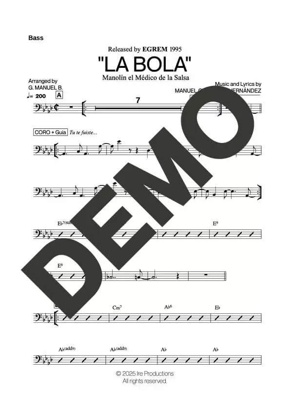Manolín El Médico de la Salsa – La Bola – Sheet Music Demo Page 5 (PDF) – Includes charts for Trumpets, Trombones, Saxophone, Piano and Bass