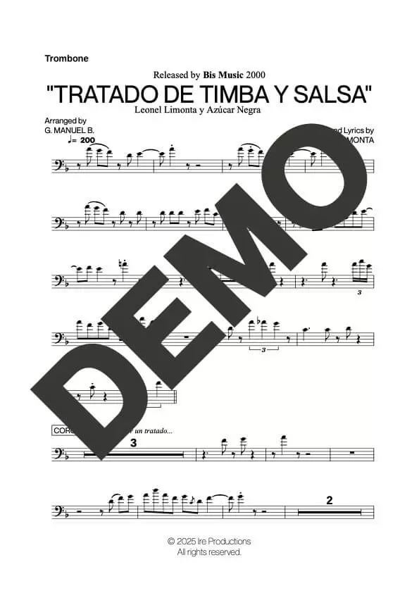 Azúcar Negra – Tratado de Timba y Salsa – Sheet Music Demo Page 1 (PDF) – Includes charts for Trumpets, Trombones, Saxophone, Piano and Bass