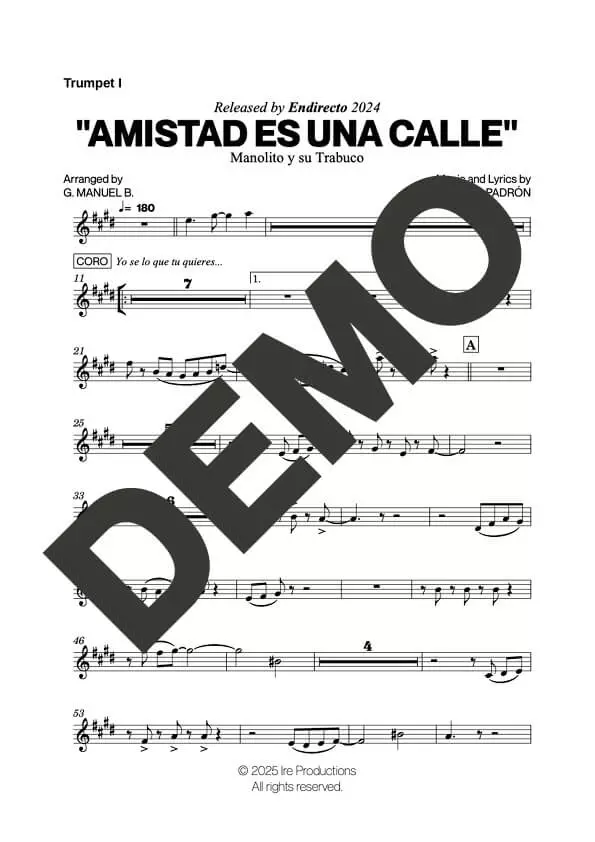 Manolito y su Trabuco – Amistad Es Una Calle – First Page of Sheet Music Preview (PDF) – Includes charts for Trumpets, Trombones, Saxophone, Piano and Bass