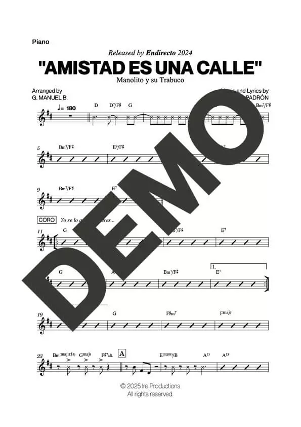 Manolito y su Trabuco – Amistad Es Una Calle – Sheet Music Demo Page 4 (PDF) – Includes charts for Trumpets, Trombones, Saxophone, Piano and Bass