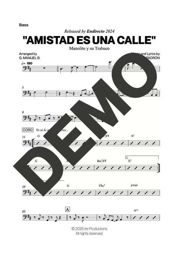 Manolito y su Trabuco – Amistad Es Una Calle – Sheet Music Demo Page 5 (PDF) – Includes charts for Trumpets, Trombones, Saxophone, Piano and Bass