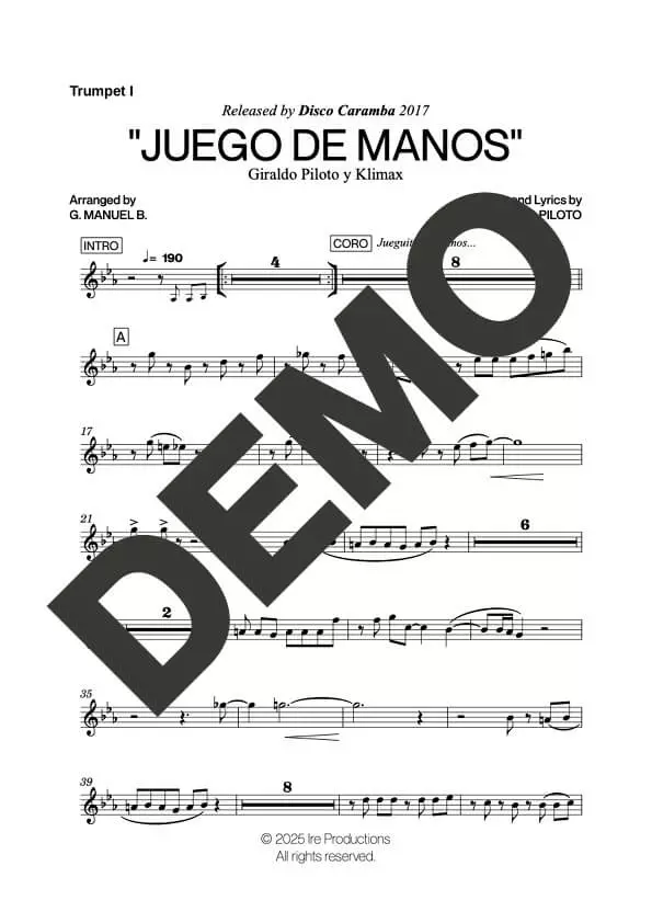Klimax – Juego de Manos – First Page of Sheet Music Preview (PDF) – Includes charts for Trumpets, Trombones, Saxophone, Piano and Bass