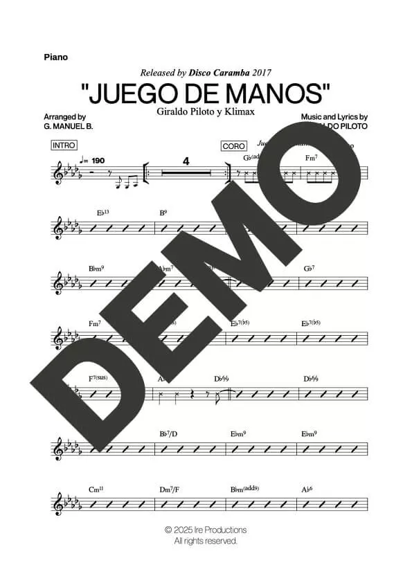 Klimax – Juego de Manos – Sheet Music Demo Page 4 (PDF) – Includes charts for Trumpets, Trombones, Saxophone, Piano and Bass
