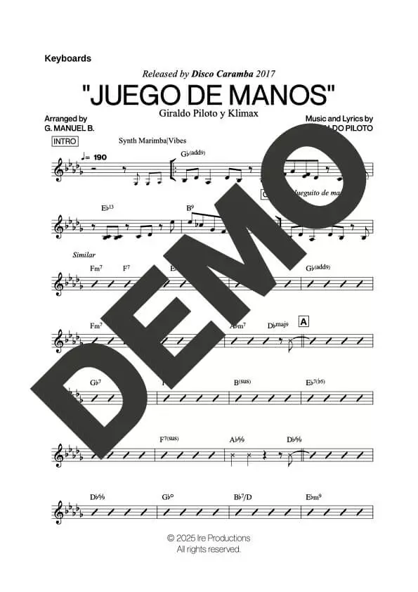 Klimax – Juego de Manos – Sheet Music Demo Page 5 (PDF) – Includes charts for Trumpets, Trombones, Saxophone, Piano and Bass