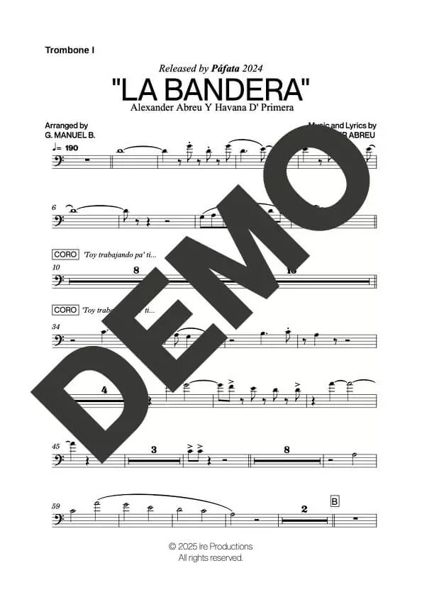 Havana D' Primera – La Bandera – Sheet Music Demo Page 1 (PDF) – Includes charts for Trumpets, Trombones, Saxophone, Piano and Bass