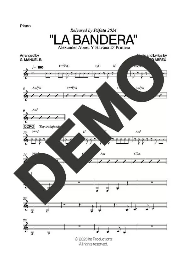 Havana D' Primera – La Bandera – Sheet Music Demo Page 3 (PDF) – Includes charts for Trumpets, Trombones, Saxophone, Piano and Bass