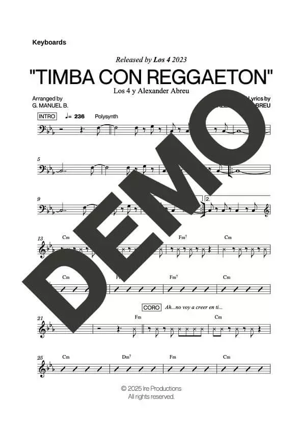 Los 4 | Alexander Abreu – Timba Con Reggaeton – Sheet Music Demo Page 3 (PDF) – Includes charts for Trumpets, Trombones, Saxophone, Piano and Bass