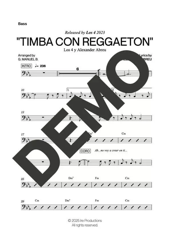 Los 4 | Alexander Abreu – Timba Con Reggaeton – Sheet Music Demo Page 4 (PDF) – Includes charts for Trumpets, Trombones, Saxophone, Piano and Bass