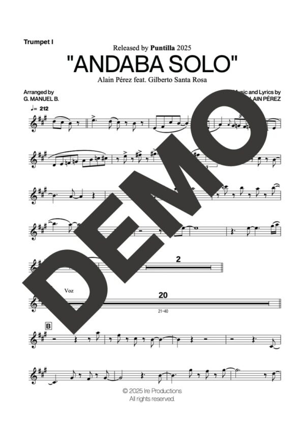 Alain Pérez | Gilberto Santa Rosa– Andaba Solo – Sheet Music Demo First Page (PDF) – Includes charts for Trumpets, Trombones, Saxophone, Piano and Bass