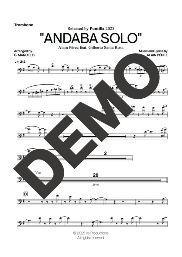 Alain Pérez | Gilberto Santa Rosa– Andaba Solo – Sheet Music Demo Page 1 – Includes charts for Trumpets, Trombones, Saxophone, Piano and Bass