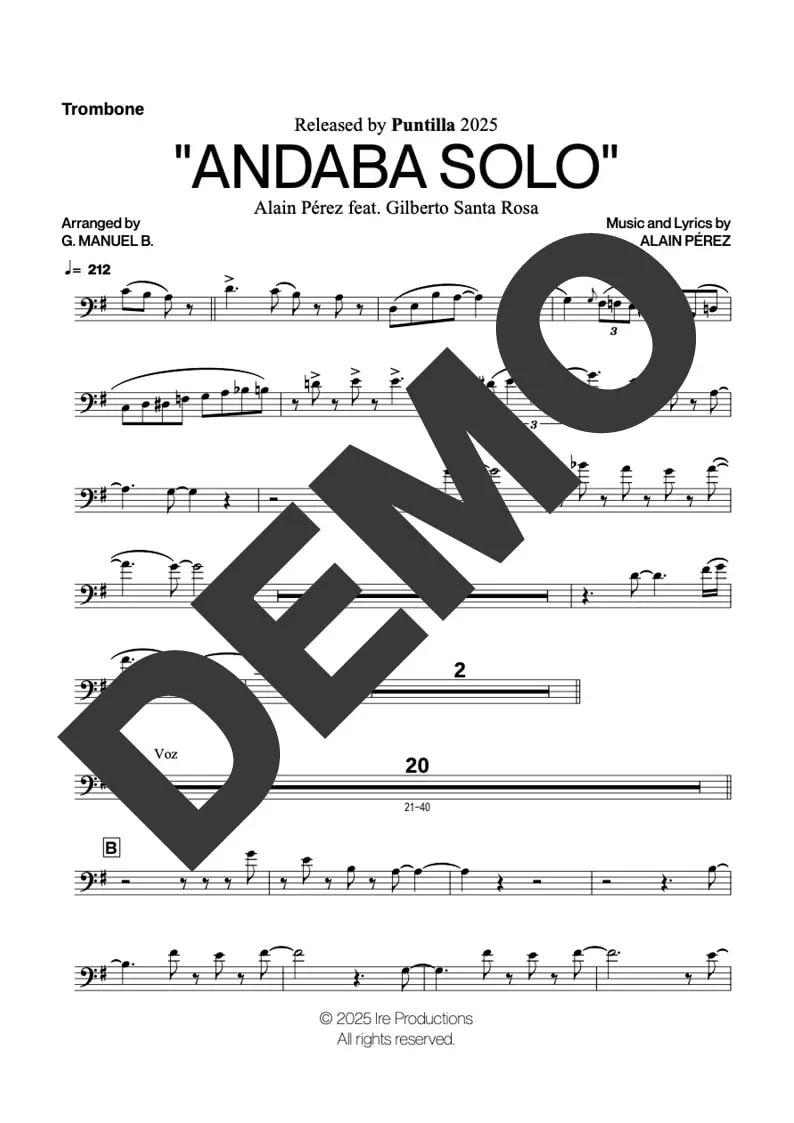 Alain Pérez | Gilberto Santa Rosa– Andaba Solo – Sheet Music Demo Page 1 – Includes charts for Trumpets, Trombones, Saxophone, Piano and Bass