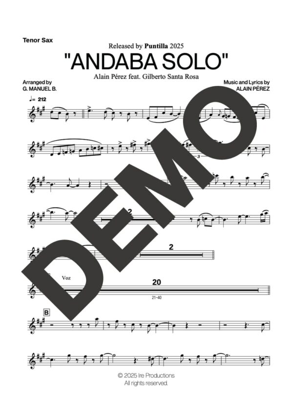 Alain Pérez | Gilberto Santa Rosa– Andaba Solo – Sheet Music Demo Page 2 – Includes charts for Trumpets, Trombones, Saxophone, Piano and Bass