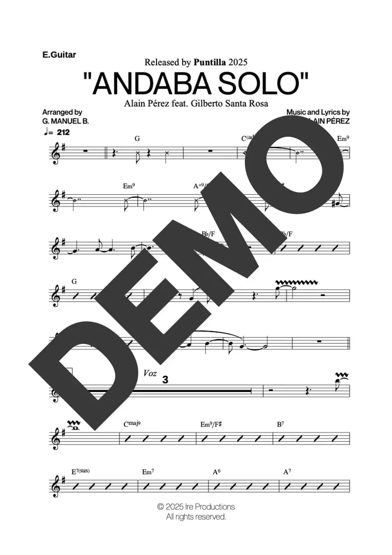 Alain Pérez | Gilberto Santa Rosa– Andaba Solo – Sheet Music Demo Page 3 – Includes charts for Trumpets, Trombones, Saxophone, Piano and Bass