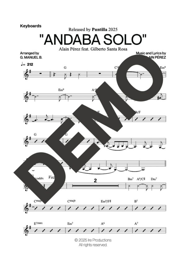 Alain Pérez | Gilberto Santa Rosa– Andaba Solo – Sheet Music Demo Page 5 – Includes charts for Trumpets, Trombones, Saxophone, Piano and Bass