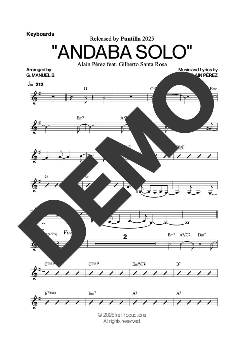 Alain Pérez | Gilberto Santa Rosa– Andaba Solo – Sheet Music Demo Page 5 – Includes charts for Trumpets, Trombones, Saxophone, Piano and Bass