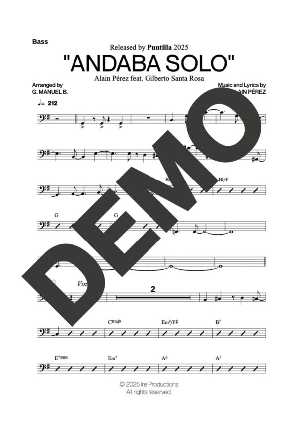 Alain Pérez | Gilberto Santa Rosa– Andaba Solo – Sheet Music Demo Page 6 – Includes charts for Trumpets, Trombones, Saxophone, Piano and Bass