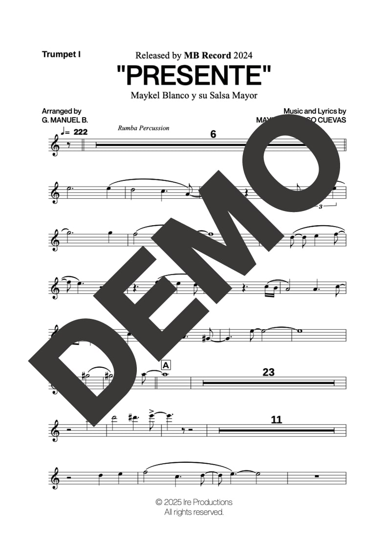 Maykel Blanco y su Salsa Mayor – Presente – Sheet Music Demo First Page (PDF) – Includes charts for Trumpets, Trombones, Piano and Bass