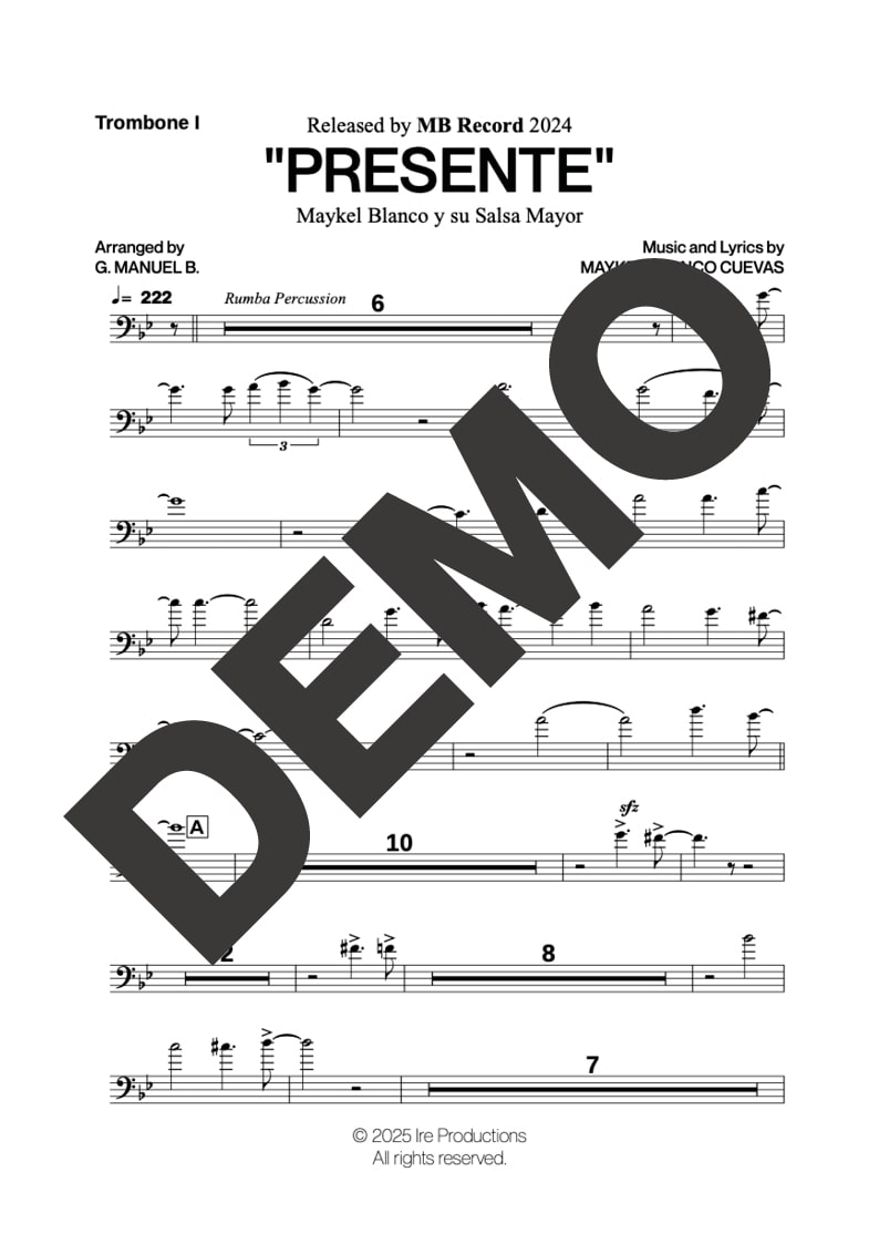 Maykel Blanco y su Salsa Mayor – Presente – Sheet Music Demo Page 1 – Includes charts for Trumpets, Trombones, Piano and Bass